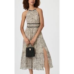 Paige Midi Dress Women 8 Tan Black Leopard Animal Print 100% Silk Front Slit